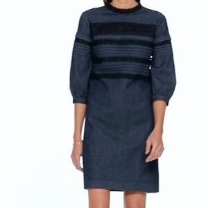 Banana Republic Blue Denim Chambray Pintuck Lace Shift Puff Sleeve Mini Dress